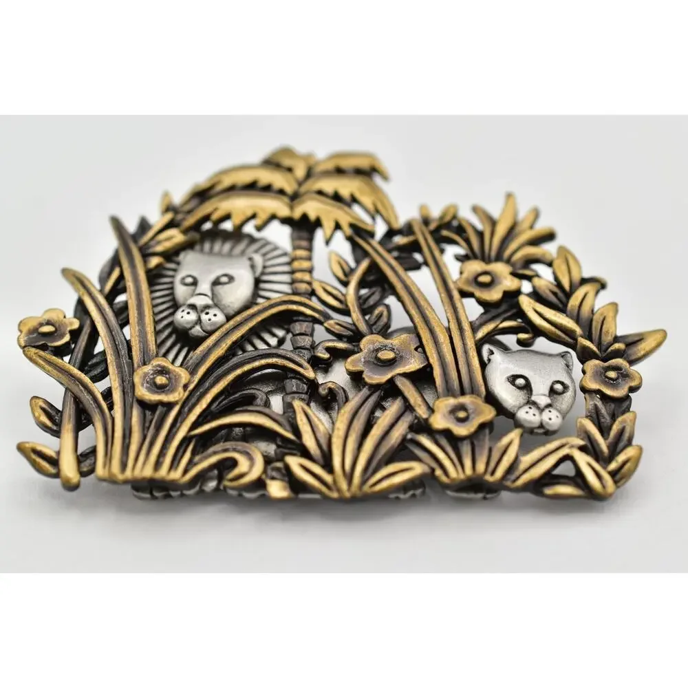 JJ Vintage Jungle Lion Pin Brooch Chunky Pewter Brass Chunky Rare Signed 80s 9B